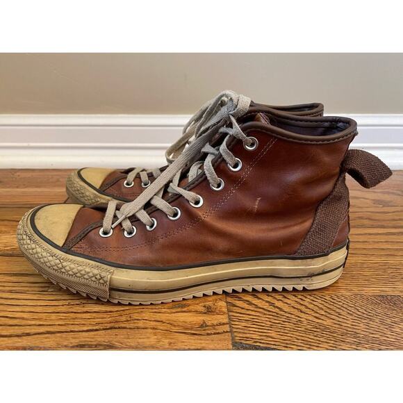 Vintage Brown Cognac Leather Converse Chuck High Top Sneakers Mens 9 - Picture 3 of 10